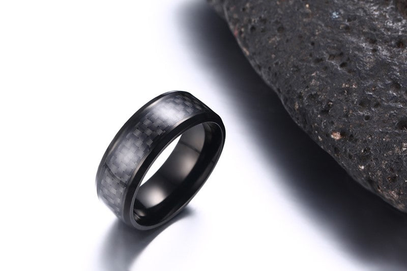 Black Carbon Fiber Inlay Men's Wedding Band Ring - Stainless Steel Jewelry.