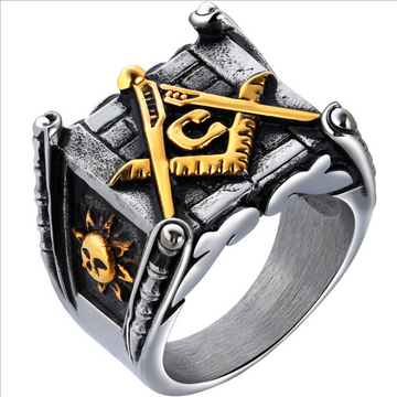 Masonic Rings for Men: Gold Sun and Moon Design - Handmade Punk Style High Polished Silver Jewelry for Men