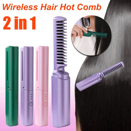 Professional Wireless Hair Straightener and Curler Comb - Fast Heating Negative Ion Straightening and Curling Brush Hair Styling Tool
