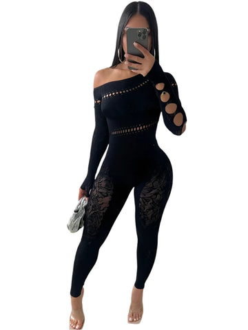 Sexy Women's Off-Shoulder Long Sleeve Skinny Jumpsuit with Diamond Details - Hollow Tight Clubwear Overalls