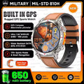AMOLED GPS smartwatch with rugged outdoor design and dual-tone strap, displaying navigation map and fitness stats, featuring 5ATM waterproof build and Bluetooth fitness tracking