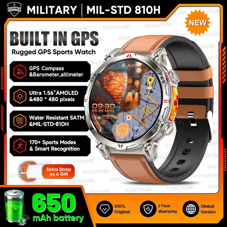 AMOLED GPS smartwatch with rugged outdoor design and dual-tone strap, displaying navigation map and fitness stats, featuring 5ATM waterproof build and Bluetooth fitness tracking