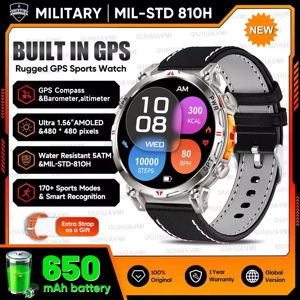 AMOLED GPS smartwatch with rugged outdoor design, displaying steps, calories, and heart rate, featuring 5ATM waterproof build, compass functions, and Bluetooth calling for fitness and adventure