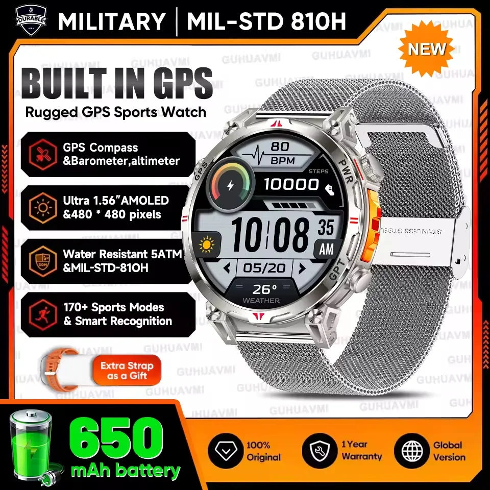 AMOLED GPS smartwatch with built-in compass, barometer, and altimeter, featuring 5ATM waterproof design, 170+ sports modes, and durable military-grade build for outdoor fitness and adventure