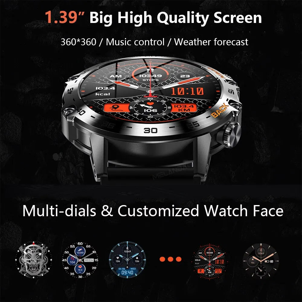 Advanced men’s smartwatch with Bluetooth calling, fitness tracker, waterproof design, 1.39 inch HD display, multi-dial watch faces, heart rate monitor, and smart features watch on a white background