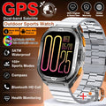 Smartwatch with metallic band on a brown background, featuring various product details.