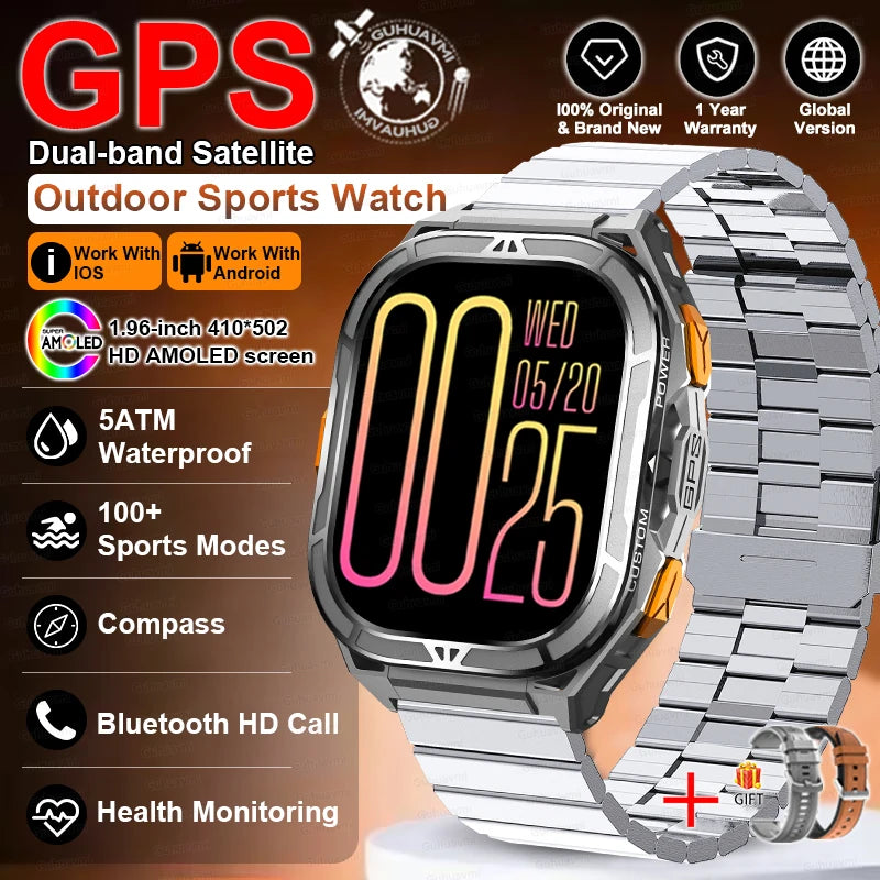 Smartwatch with metallic band on a brown background, featuring various product details.