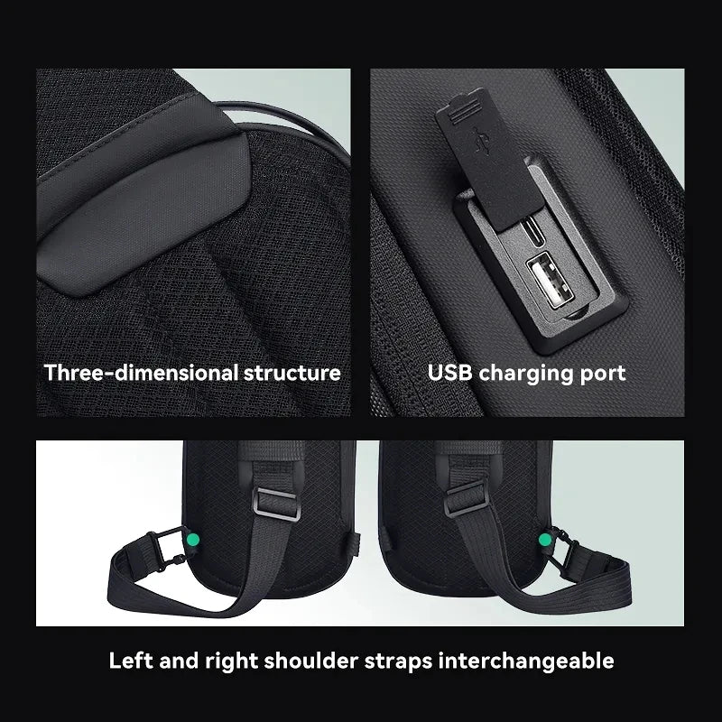 Anti-Theft USB Sling Bag Waterproof Multifunction Men’s Crossbody with features on a white background