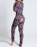 comfortable women's jumpsuit sleepwear with sexy open back flap and christmas print details