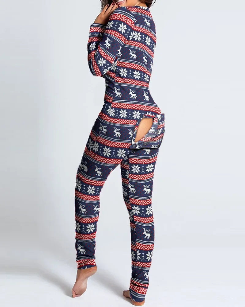 comfortable women's jumpsuit sleepwear with sexy open back flap and christmas print details