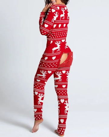 sexy women's christmas loungewear jumpsuit with back butt flap and comfortable sleepwear fabric on a light background
