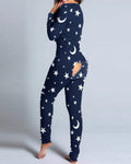Blue cozy sexy pyjama jumpsuit for women with buttoned front back flap and christmas pattern on a light background