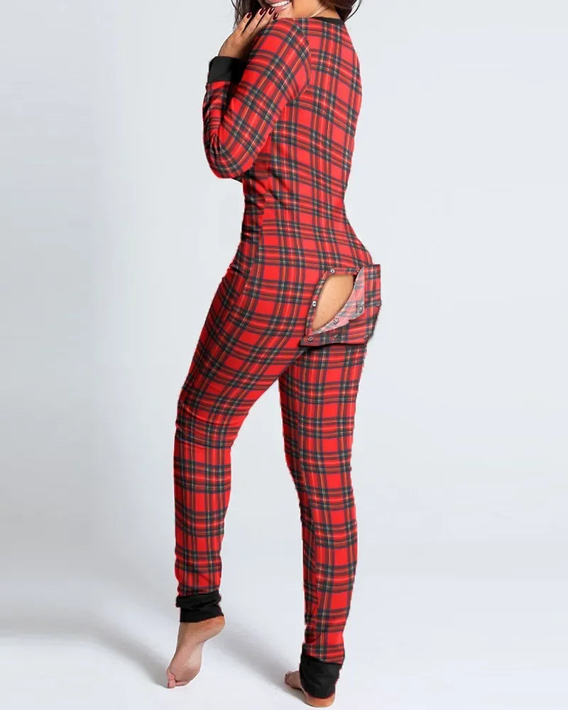 festive women's pyjama jumpsuit with sexy open butt flap and stylish christmas print design