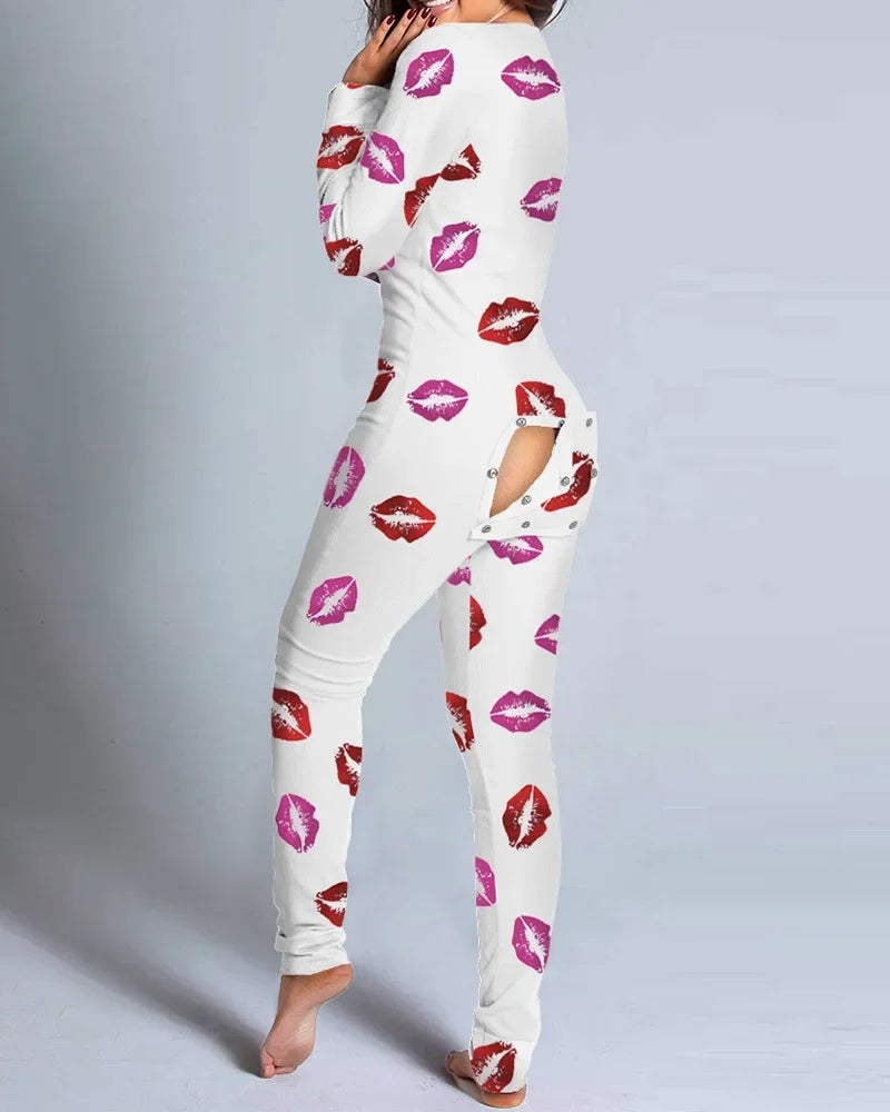 festive holiday jumpsuit women sexy pyjama, women's jumpsuit suit with button-down front and christmas print ass flap design loungewear