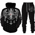 Black hoodie and pants set with angel and demon wings and symbol design on a white background
