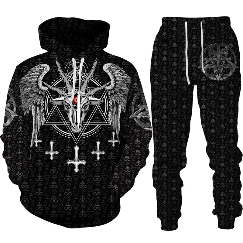 Black hoodie and pants set with angel and demon wings and symbol design on a white background