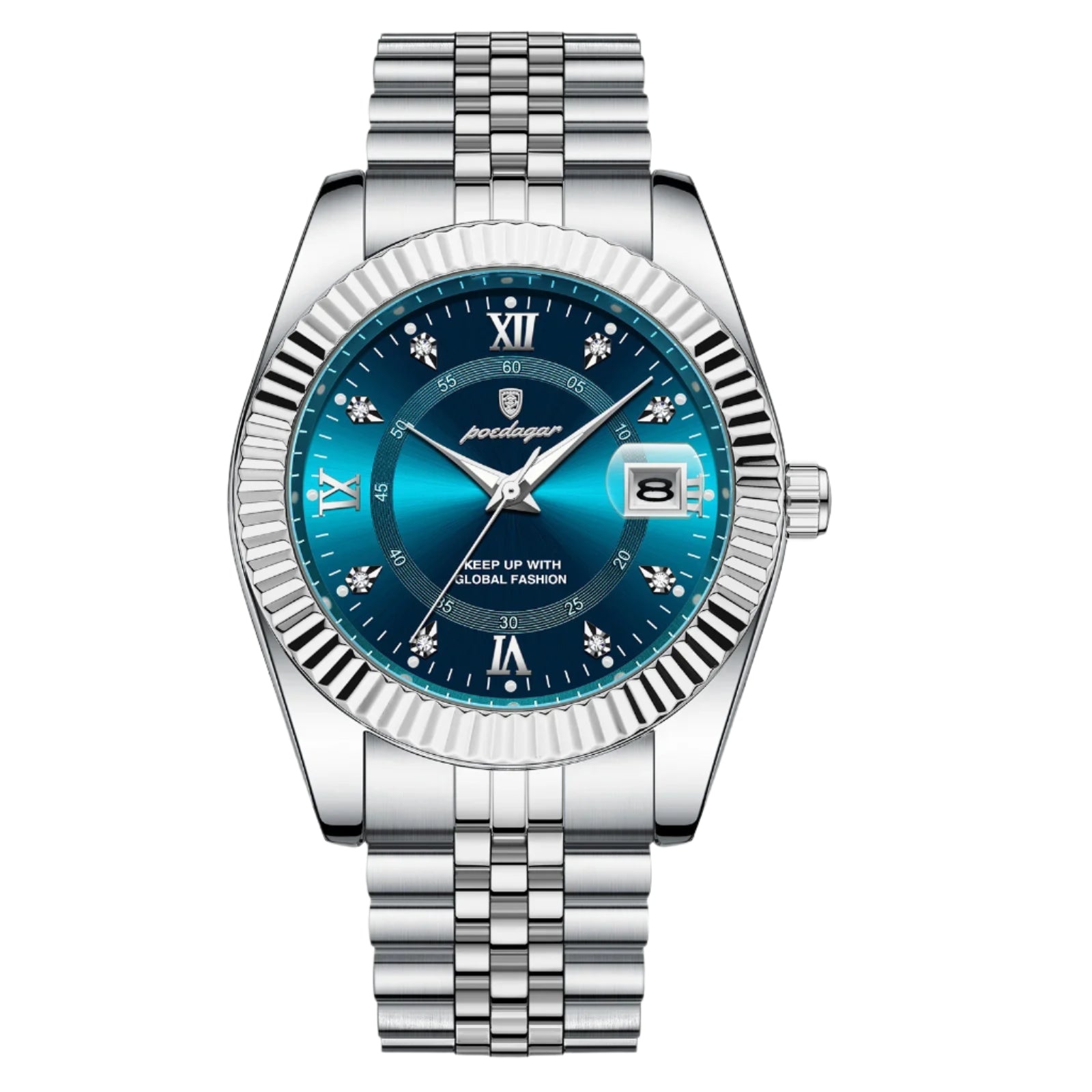 Bold men's stainless steel wristwatch with a blue dial, silver case, and a silver band. Features include a luminous date display and waterproof design.