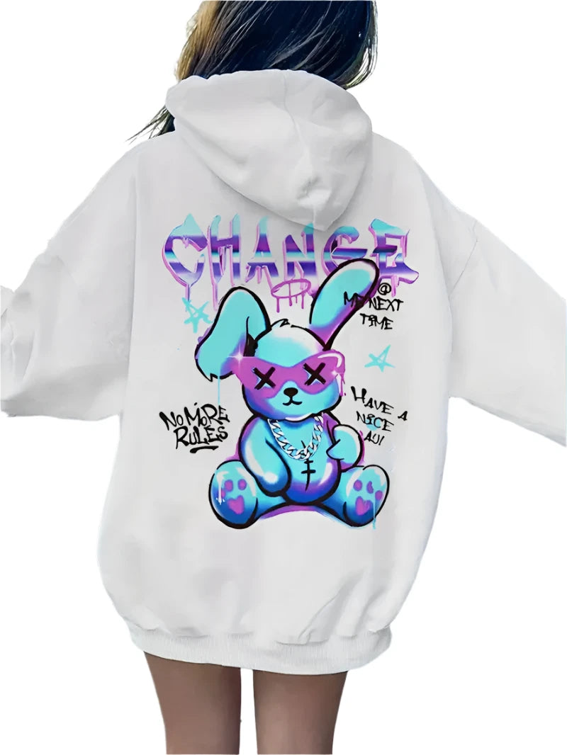 cartoon rabbit hooded sweater, women's fashion hoodie, creative letter print hoodie, casual pullover for women, high street style hoodie, drawstring sweater for women, trendy hooded sweater, stylish cartoon hoodie, rabbit print sweatshirt, women's casual sweater, graphic letter hoodie, cute rabbit hoodie, women's pullover sweater, casual winter hoodie, streetwear hooded sweater, women's drawstring hoodie, fashionable hoodies for women, trendy women's sweatshirt, printed hoodie for women, rabbit-themed cloth
