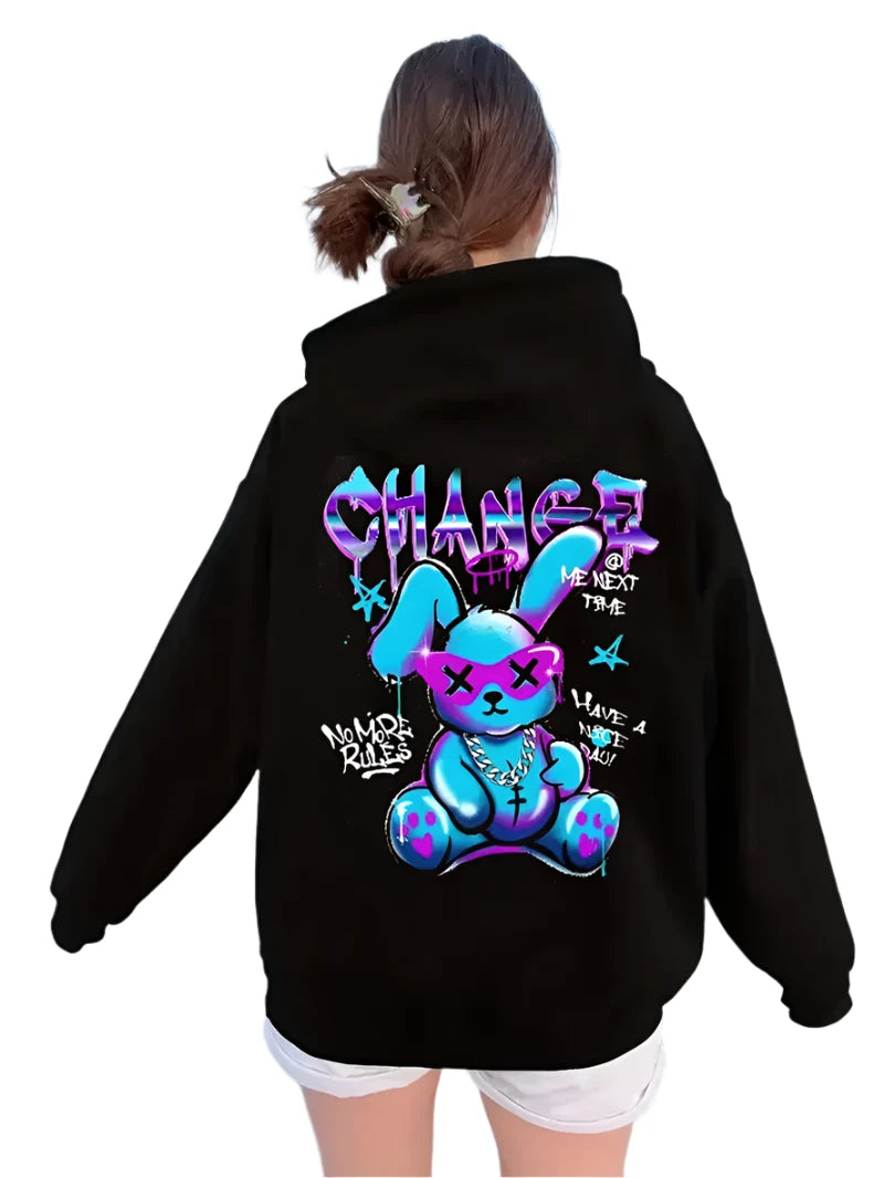 cartoon rabbit hooded sweater, women's fashion hoodie, creative letter print hoodie, casual pullover for women, high street style hoodie, drawstring sweater for women, trendy hooded sweater, stylish cartoon hoodie, rabbit print sweatshirt, women's casual sweater, graphic letter hoodie, cute rabbit hoodie, women's pullover sweater, casual winter hoodie, streetwear hooded sweater, women's drawstring hoodie, fashionable hoodies for women, trendy women's sweatshirt, printed hoodie for women, rabbit-themed cloth