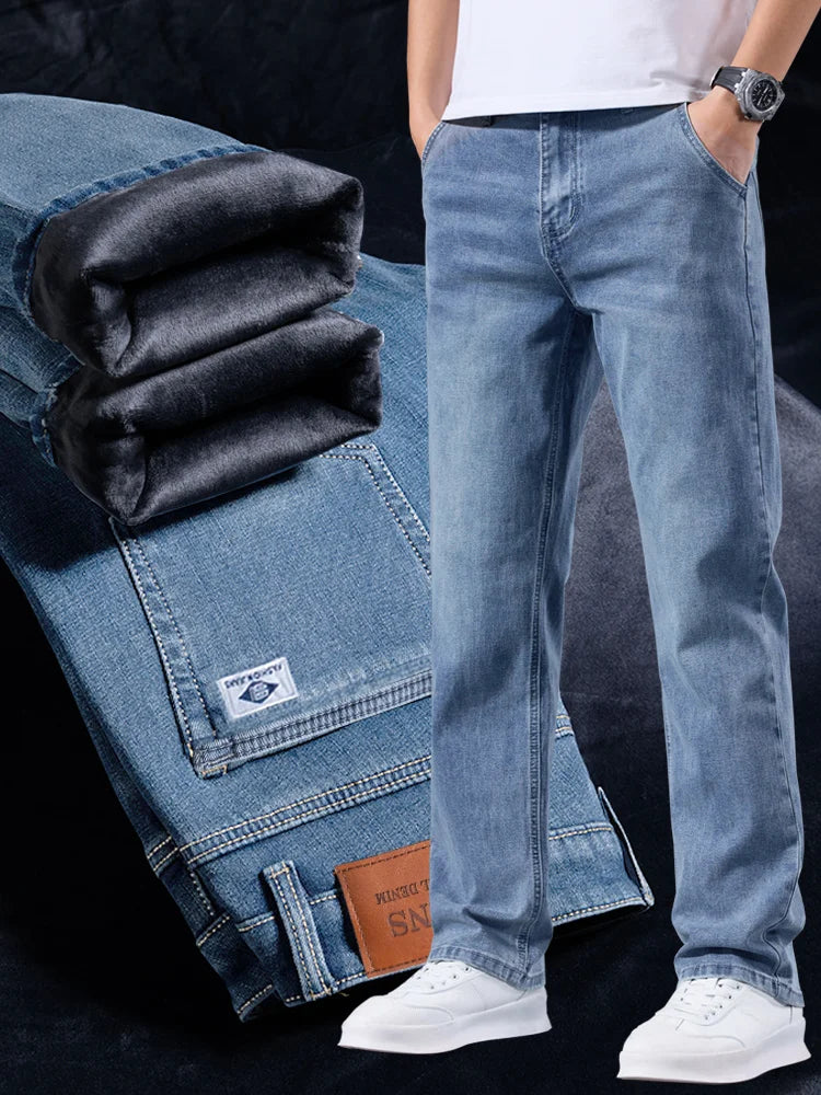 Blue jeans displayed with a person wearing them, folded jeans on the left.
