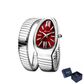 Charming snake bracelet watch for women with silver expandable band, red dial, Roman numerals, diamond bezel, and elegant stylish design on a white background