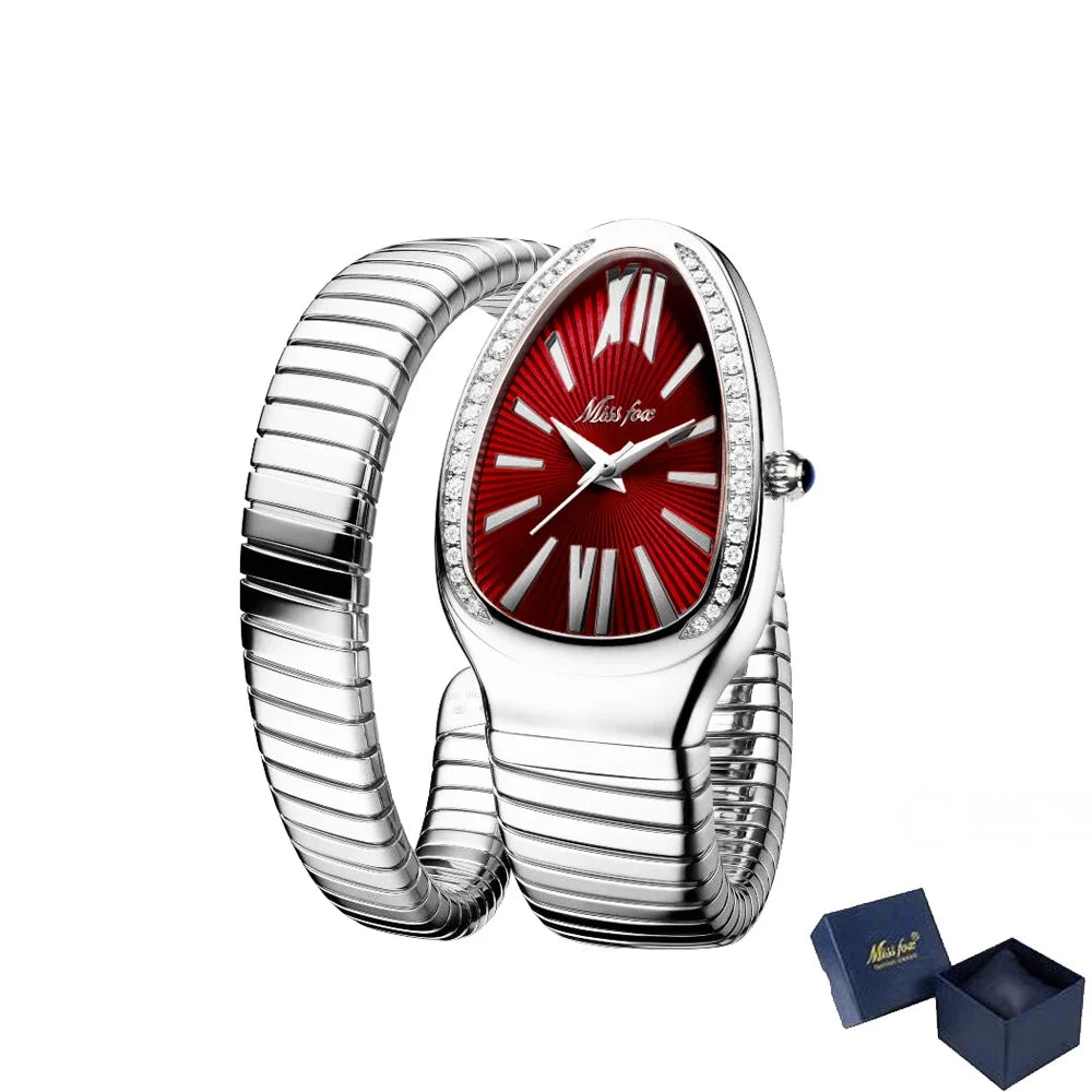 Charming snake bracelet watch for women with silver expandable band, red dial, Roman numerals, diamond bezel, and elegant stylish design on a white background