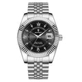 Classic men’s stainless steel waterproof watch with black dial, luminous hands, Roman numerals, date display, and silver bracelet strap elegant design on a white background