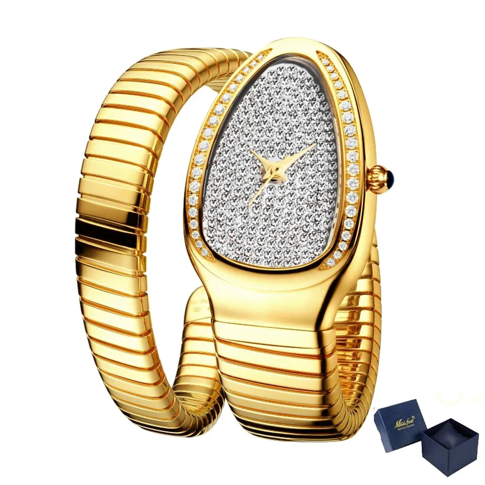Classy snake bracelet watch for women with gold finish, full gold expandable band, diamond-style dial, crystal bezel, and elegant luxury design