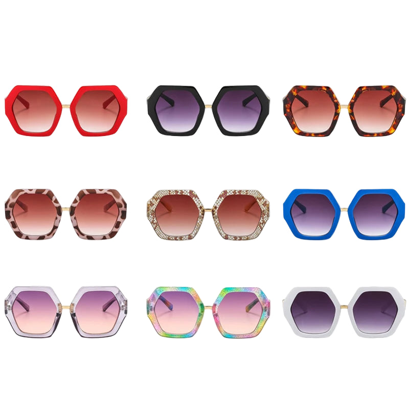 Collection of various sunglasses with different designs and colors on a white background
