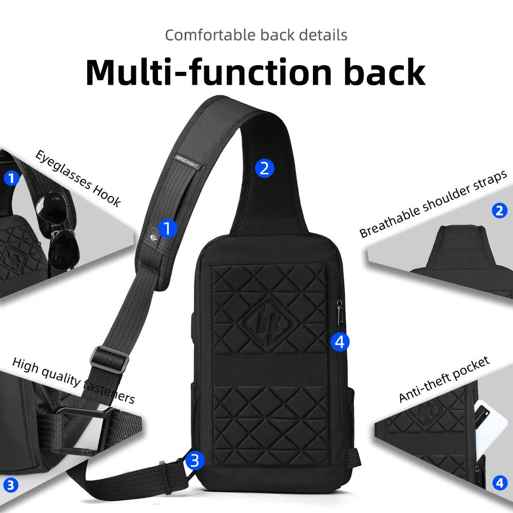Anti-Theft Men’s Shoulder Bag Waterproof USB Crossbody Sling on a white background