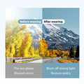 Comparison of a scenic road with mountains before and after wearing sunglasses to block glare and restore vision.