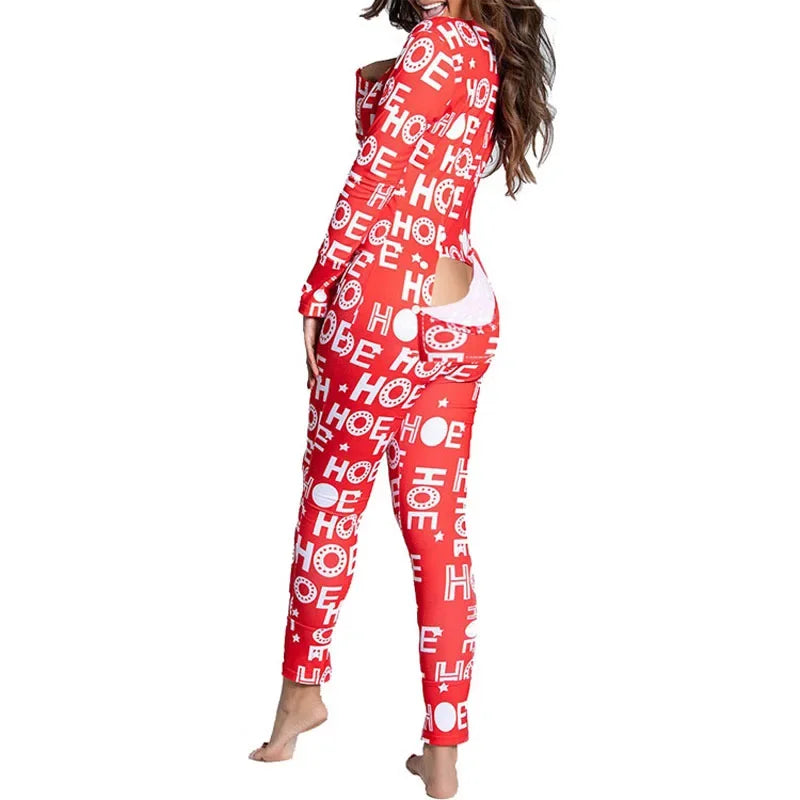 Red cute christmas print women's ass flap jumpsuit with button-down closure and soft loungewear fit