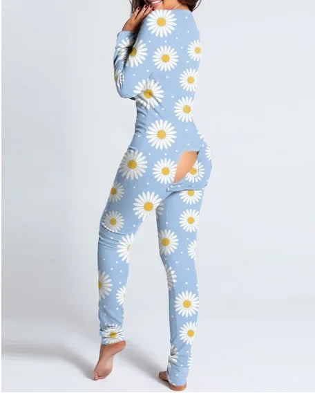 women's sexy christmas jumpsuit loungewear with buttoned front and playful ass flap opening