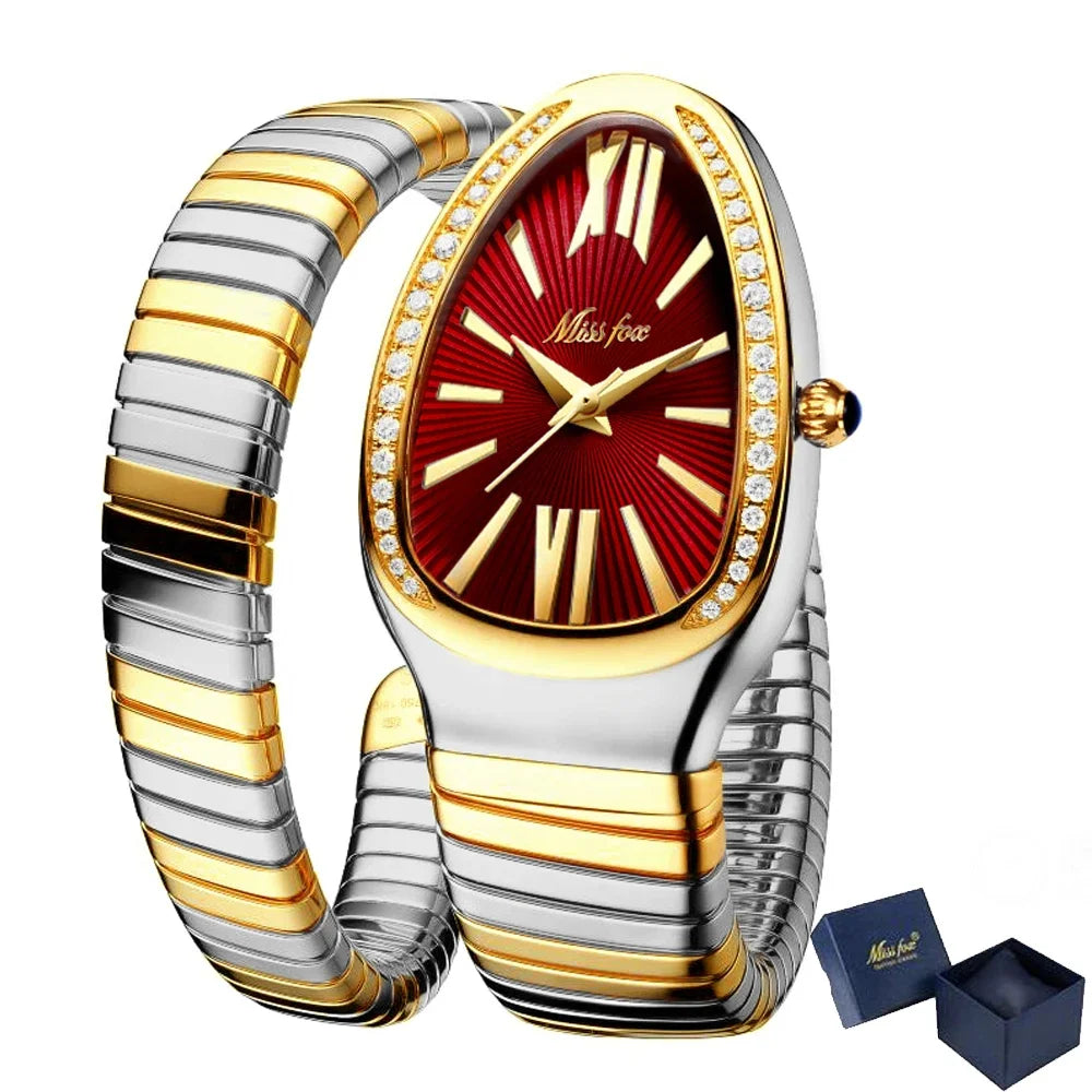 Dazzling snake watch for women with red dial, gold and silver stretch bracelet, diamond accents, Roman numerals, and elegant luxury wrist style on a white background