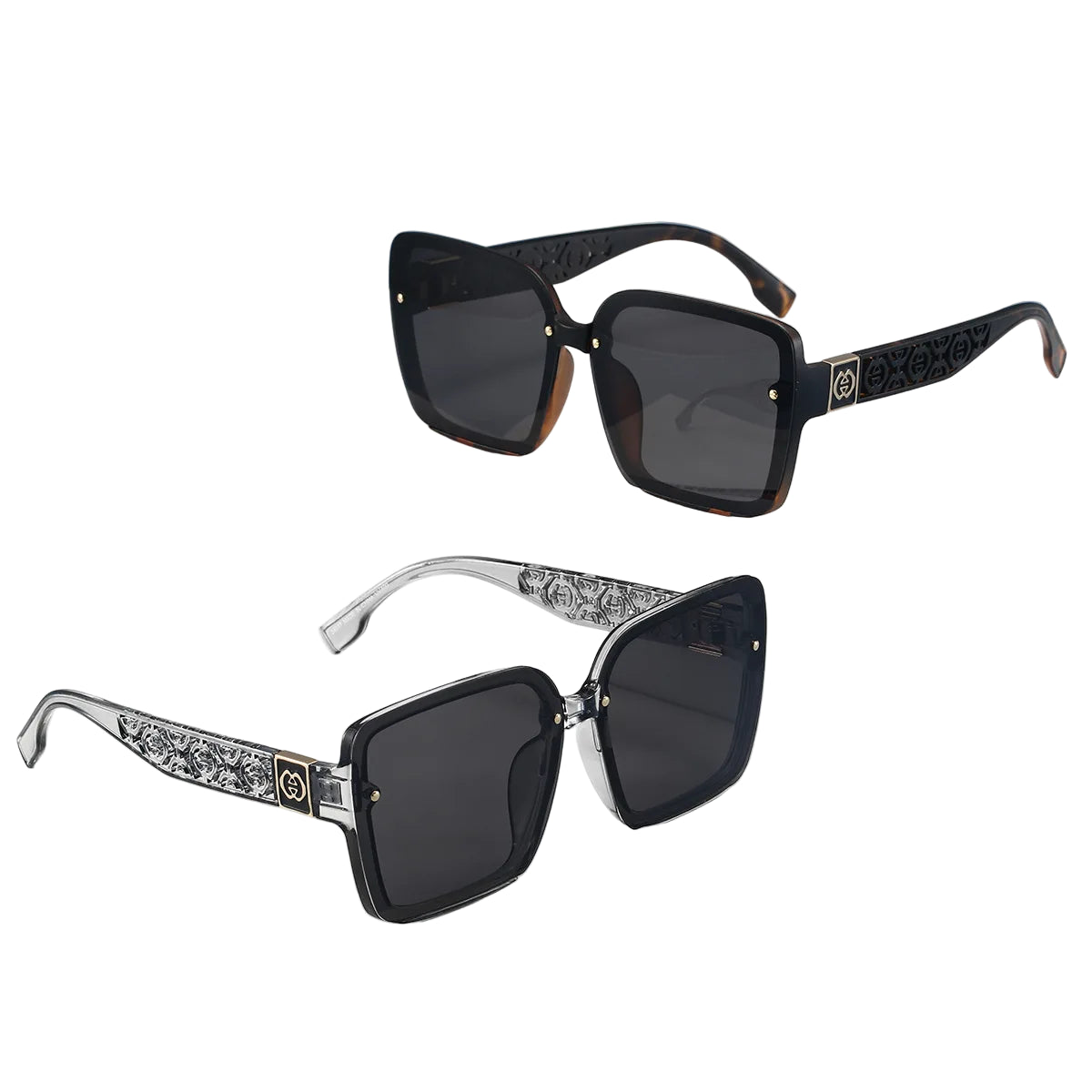 Black sunglasses with decorative frames on a white platform against a light blue background