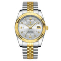 Durable men's stainless steel wristwatch with a gold-tone band and casing, featuring a round dial with luminous hands, a date display, and a silver tone date window.