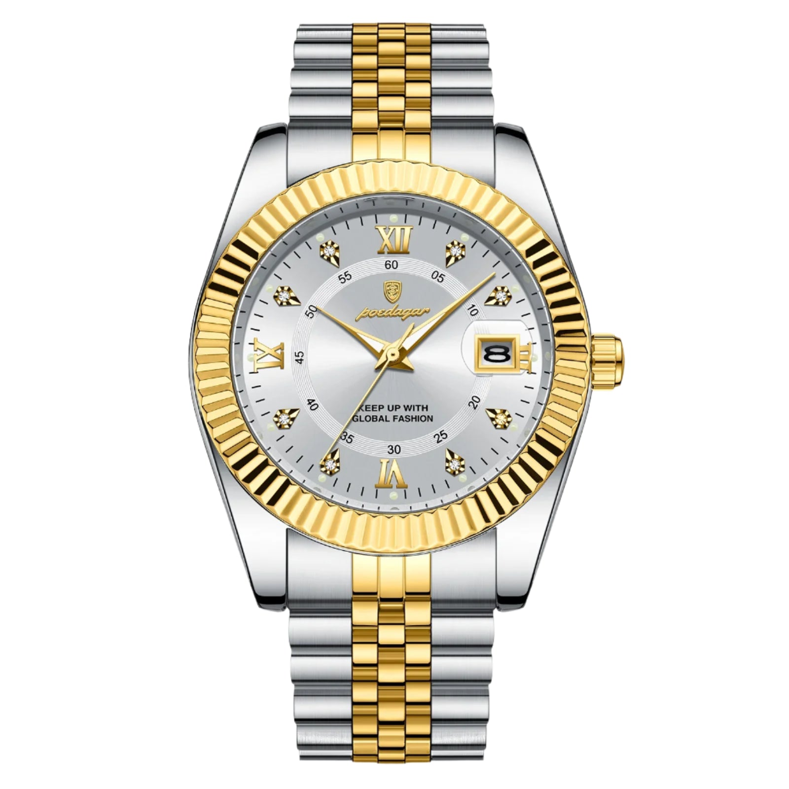 Durable men's stainless steel wristwatch with a gold-tone band and casing, featuring a round dial with luminous hands, a date display, and a silver tone date window.