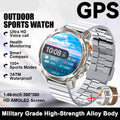 Smartwatch with metallic band on a white background, featuring text about its features.