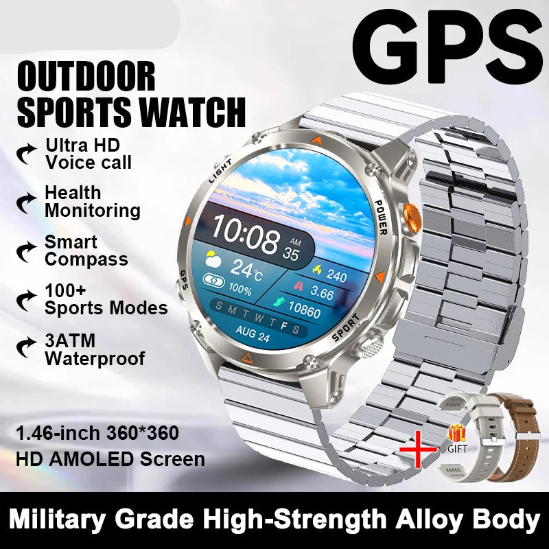 Smartwatch with metallic band on a white background, featuring text about its features.