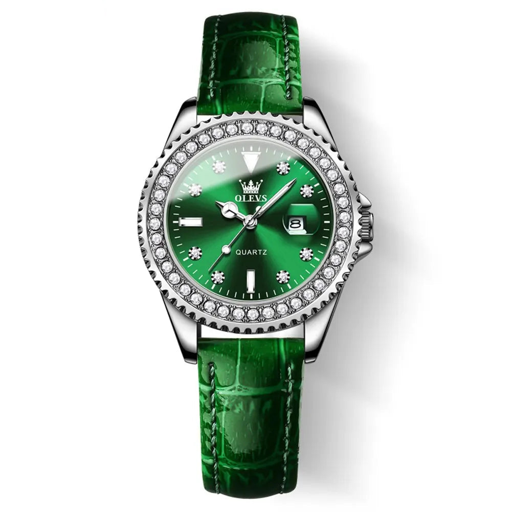 Elegant women’s watch with green diamond dial, stainless steel case, crystal bezel, date display, and green leather strap waterproof style on a white background
