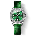 Elegant women’s watch with green diamond dial, stainless steel case, crystal bezel, date display, and green leather strap waterproof style on a white background