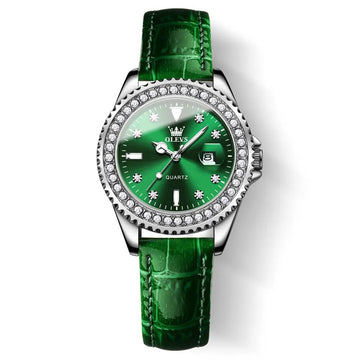 Elegant women’s watch with green diamond dial, stainless steel case, crystal bezel, date display, and green leather strap waterproof style on a white background