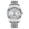  Elegant men's stainless steel wristwatch with a silver dial, luminous hands, and a date display. The watch is featured with a bracelet-style band.