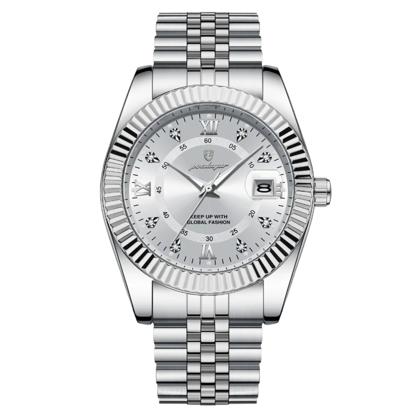  Elegant men's stainless steel wristwatch with a silver dial, luminous hands, and a date display. The watch is featured with a bracelet-style band.
