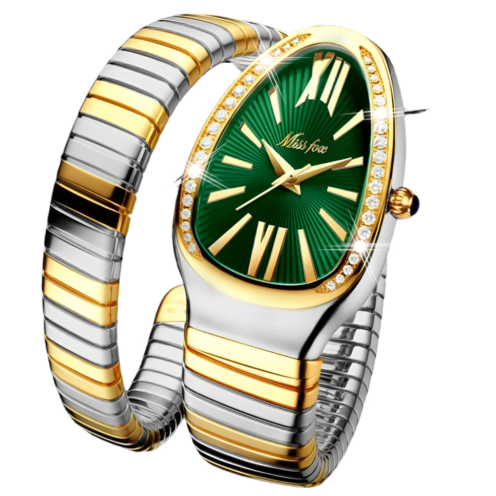 A gold and silver scalable bracelet with bling diamonds, featuring a snake-shaped watch case with a green dial and silver hands.