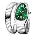 Elegant snake shape watch for women with silver expandable bracelet, green dial, Roman numerals, diamond bezel, and luxury glow design on a white background
