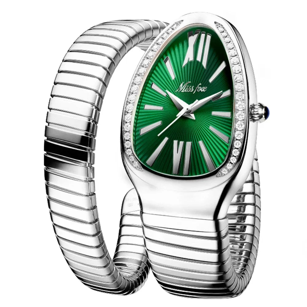 Elegant snake shape watch for women with silver expandable bracelet, green dial, Roman numerals, diamond bezel, and luxury glow design on a white background