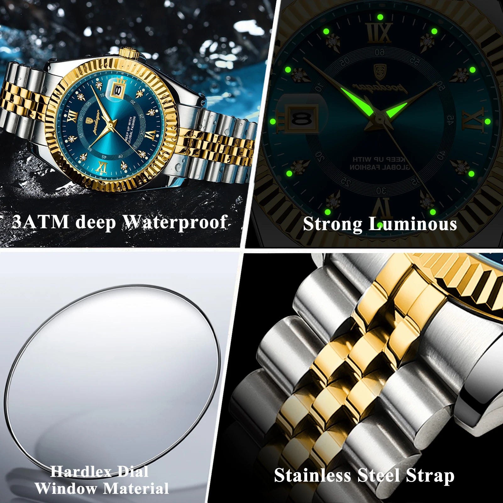 Everyday men’s waterproof watch with luminous dial, date display, stainless steel comfort strap, hardlex glass, and durable 3ATM water-resistant design