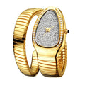 Eye Catching snake bracelet watch for women with gold finish, full gold expandable band, diamond-style dial, crystal bezel, and elegant luxury design on a white background