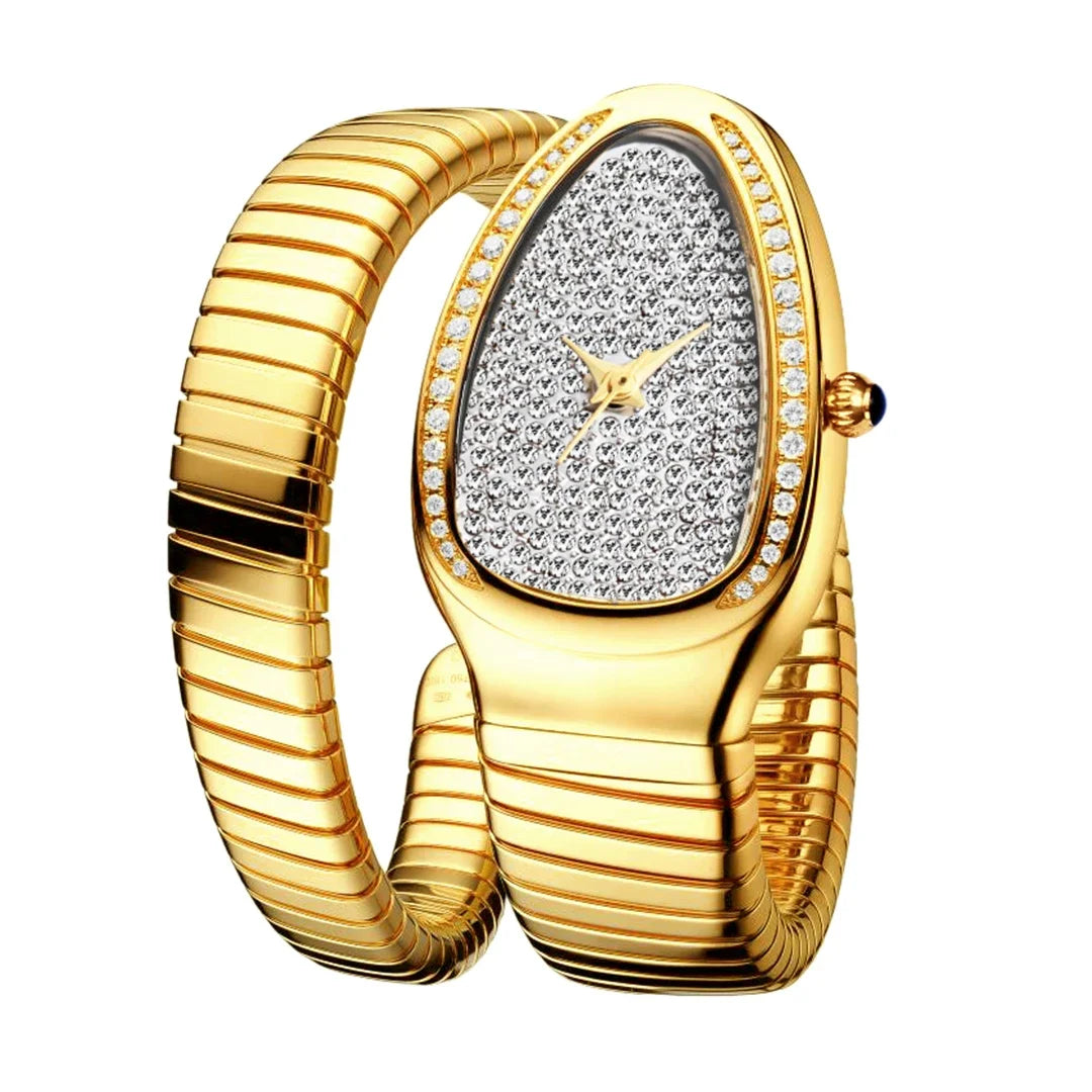 Eye Catching snake bracelet watch for women with gold finish, full gold expandable band, diamond-style dial, crystal bezel, and elegant luxury design on a white background